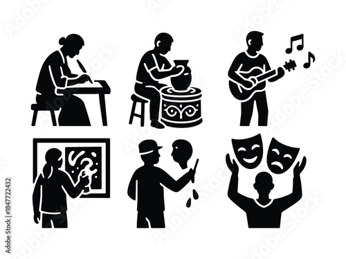 Arts and crafts activities silhouette icon set. featuring painting, pottery, guitar, theater masks symbols
