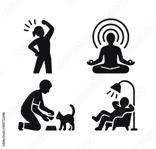Daily activities silhouette icon set. featuring stretching, meditation, pet care, and relaxation symbols