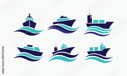 Collection of six stylized shipping cargo ship icons on water container boat