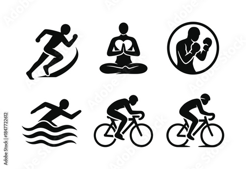 Fitness activities silhouette icon set. featuring running, yoga, boxing, swimming, cycling symbols