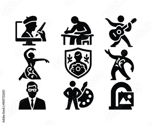 Arts and entertainment silhouette icon set. featuring painting, writing, guitar, dance, photography symbols