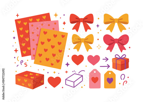 Gift and celebration flat icon set. featuring wrapping paper, bows, hearts, gift boxes, and tags