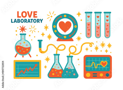 Love laboratory flat icon set. featuring chemistry, heart, test tubes, beakers, experiments, and graphs