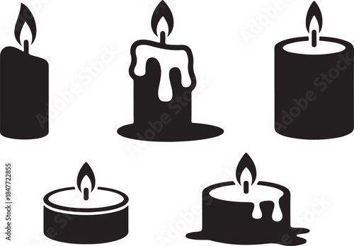 Collection of black and white candle icons showing different styles and states