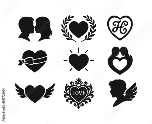 Love and romance silhouette icon set. featuring couples, hearts, wings, and cherubs symbols