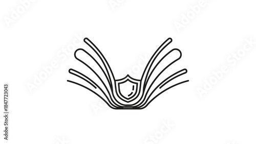 Minimalist line art illustration of an open book with a shield emblem inside showcasing knowledge