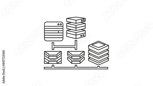 Minimalist Line Art Illustration of Data Storage Devices and Networking Components in a