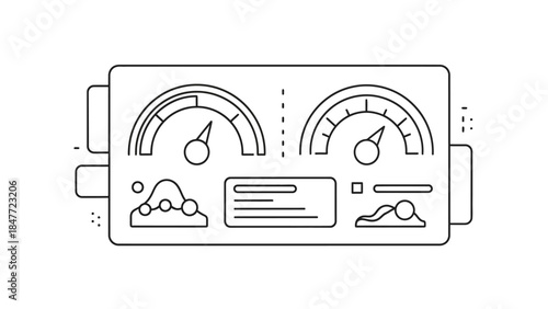 Minimalist line art of a vintage analog multimeter with detailed dials and gauges perfect for