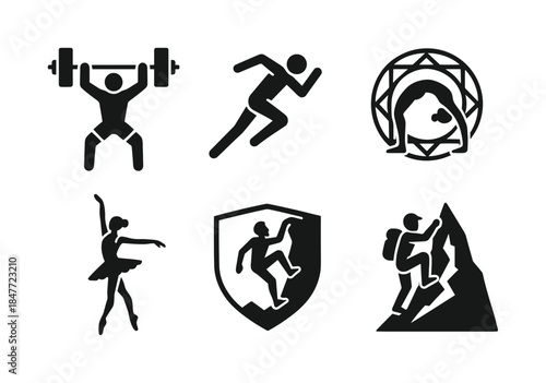 Fitness and outdoor activities silhouette icon set. featuring weightlifting, running, yoga, ballet, shield, climbing