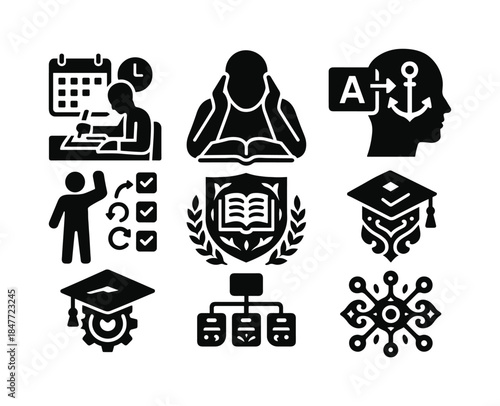 Education and learning silhouette icon set. featuring study, calendar, language, checklist, graduation, and network symbols