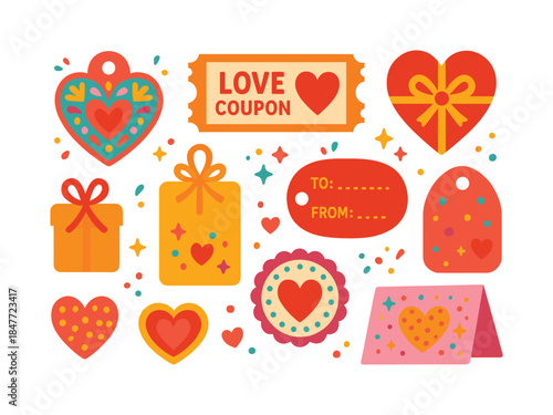 Valentine's day flat icon set. featuring gift box, heart, love coupon, tag, and greeting card symbols