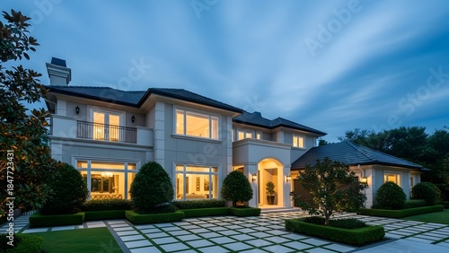 Wallpaper Mural Luxurious two story house with illuminated exterior at dusk Torontodigital.ca