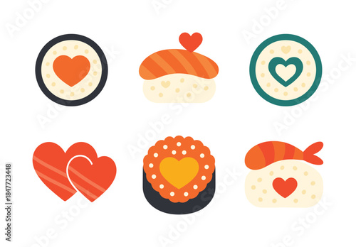 Valentine's sushi flat icons set. featuring sushi roll, heart, nigiri, sashimi, love