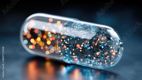 Conceptual medical capsule filled with digital circuitry and lights