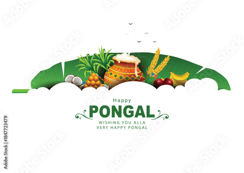 Tamil Nadu festival Happy Pongal with Pongal props, holiday Background, pongal celebration greeting card, vector illustration design.