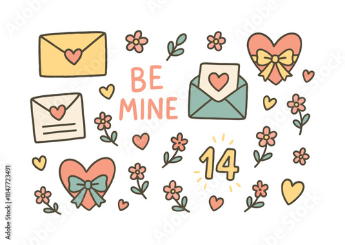 Valentine's day flat icon set. featuring letters, hearts, bows, flowers, and the number 14