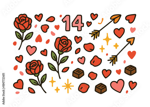 Valentine's day flat icon set. featuring roses, hearts, petals, arrows, chocolates, sparkles, and number 14 symbols
