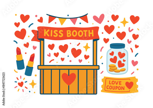 Love and romance flat icon set. featuring kiss booth, lipstick, love coupon, hearts, jar of coins, decorations