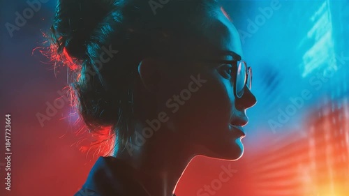 Profile of woman with glasses in neon-lit city HDR