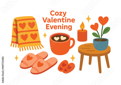 Valentine's day flat icon set. featuring heart mug, candle, slippers, blanket, plant, and stool elements