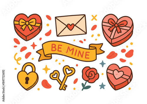 Valentine's day flat icon set. featuring heart, rose, gift, key, lock, and envelope symbols