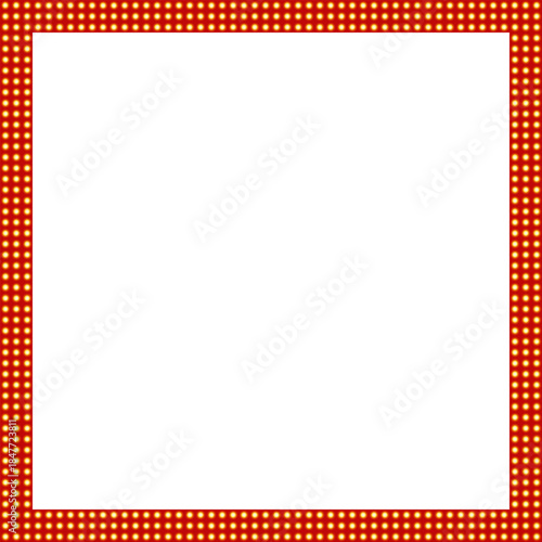 Square red bold frame with illuminated edges in the form of small light bulbs, isolated on a transparent background. Copy space. Place for text or photos. PNG and vector illustration