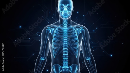 Digital visualization of the human skeletal system highlighting ribcage and spine on dark tech background