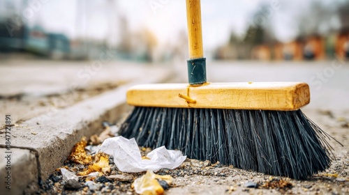 Wallpaper Mural Broom sweeping garbage on a dirty street near the curb, focusing on urban cleaning and waste management efforts. Garbage street Torontodigital.ca