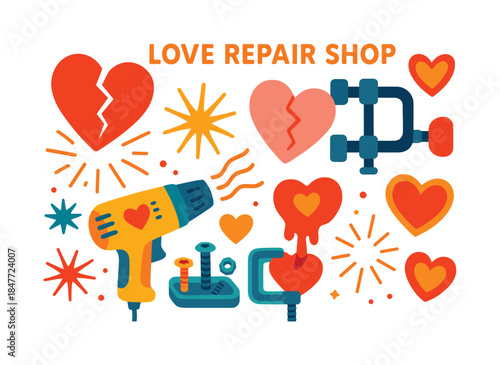 Love repair flat icon set. featuring broken heart, pipe, glue, screwdriver, clamp, heat gun symbols