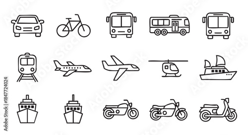 Set of transportation icons in line art style on white background