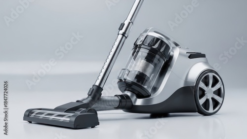 Modern vacuum cleaner cleaning technology in silver and black on white background