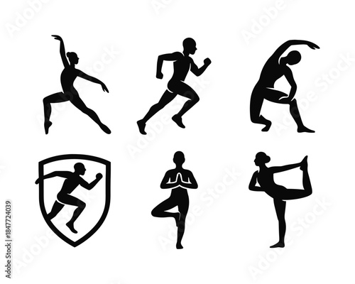 Fitness and yoga silhouette icon set. featuring runner, dancer, stretching, shield, yoga, and balance symbols