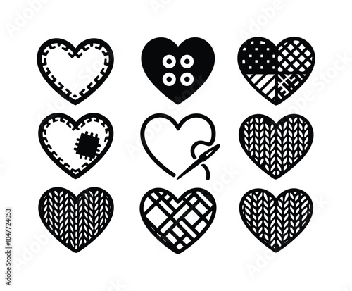 Crafting hearts silhouette icon set. featuring patchwork, knitting, sewing, embroidery, and quilt patterns