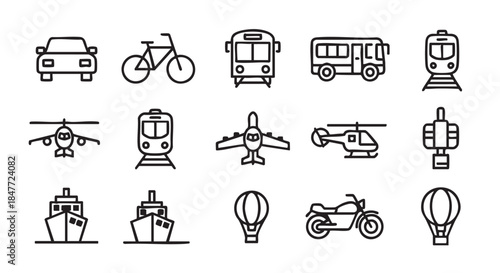 Simple line art icons illustrating modes of transportation concept design