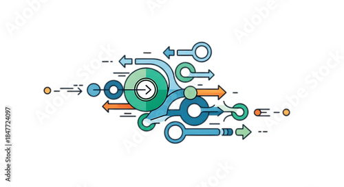 Abstract flow of interconnected circular shapes and arrows representing data movement and connection.