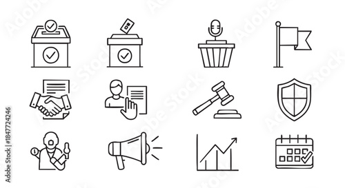 Thin line icons of politics elections and democracy system isolated concept