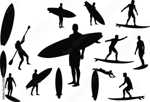 Silhouette collection of surfers with surfboards and paddleboards in action, surfing poses, extreme water sports vector set for design