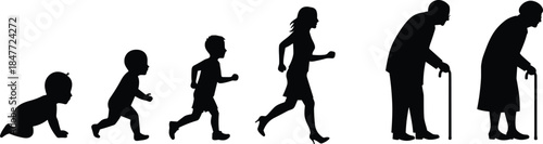 Silhouette evolution of human life stages, baby to elderly person, aging timeline vector, childhood to old age concept illustration