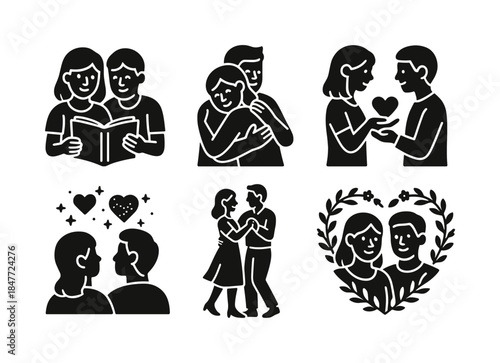 Relationship and love silhouette icon set. featuring reading, embracing, heart, dance, and floral couple icons
