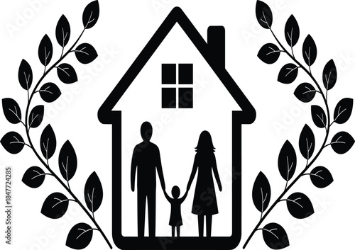 Silhouette family inside house with leaves, home safety concept, family protection symbol, secure home life, unity and care