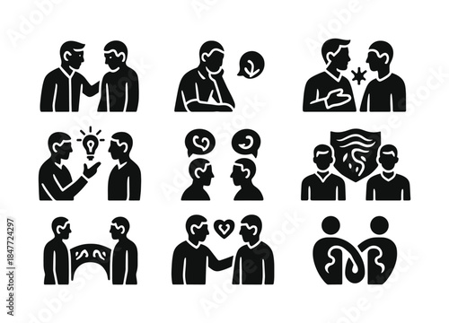 Communication silhouette icon set. featuring discussion, listening, conversation, debate, conflict, agreement symbols