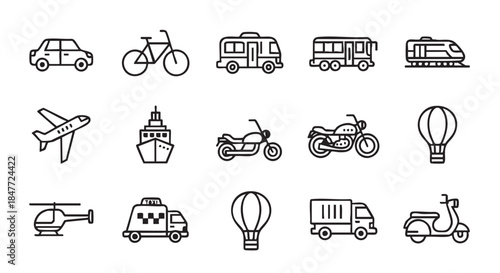 Variety of transportation methods depicted in simple black outline icons