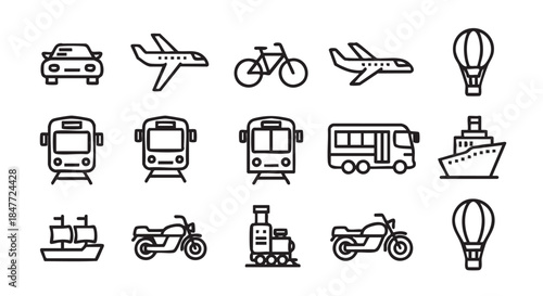 Variety of transportation vehicles icons in black and white clean style