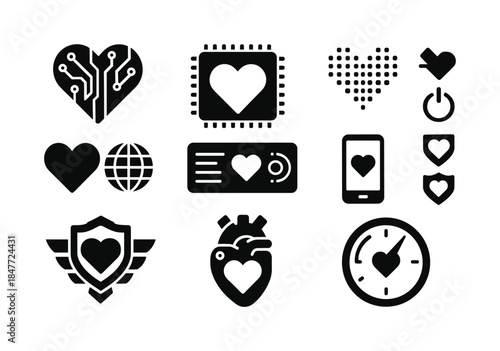Technology and heart silhouette icon set. featuring circuit heart, heart rate, secure heart, and digital health symbols