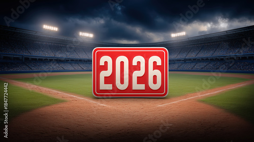 A Baseball Field with the Year 2026 Displayed in Bold Red