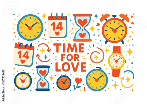 Love time flat icons set. featuring clock, alarm, calendar, hourglass, watch, heart, sparkles, arrows