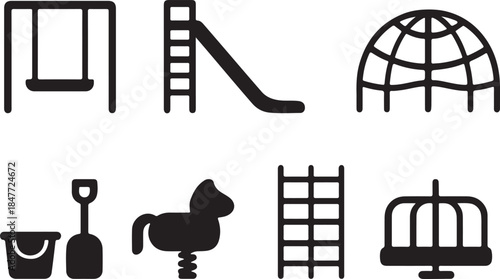 set of seven playground equipment icons silhouette vector illustration