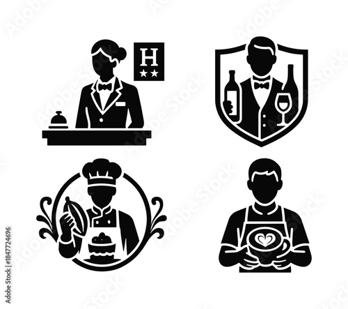 Hospitality and culinary silhouette icon set. featuring hotel receptionist, sommelier, chef, and barista symbols