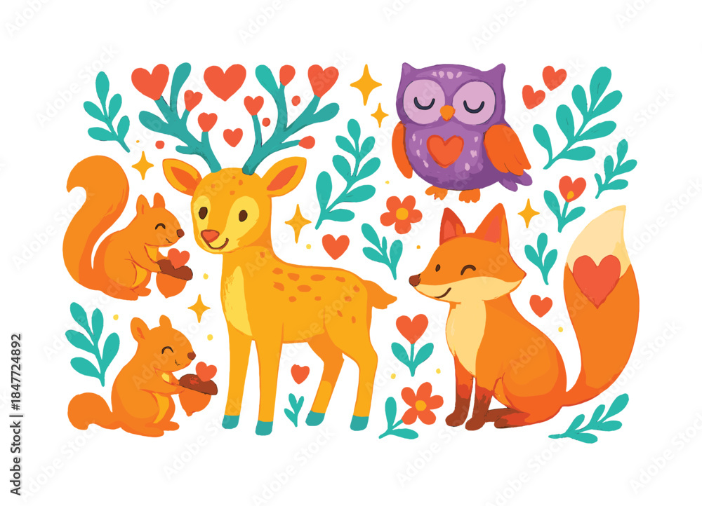 Naklejka premium Forest animals flat icon set. featuring deer, owl, fox, squirrel, hearts, and leaves motifs