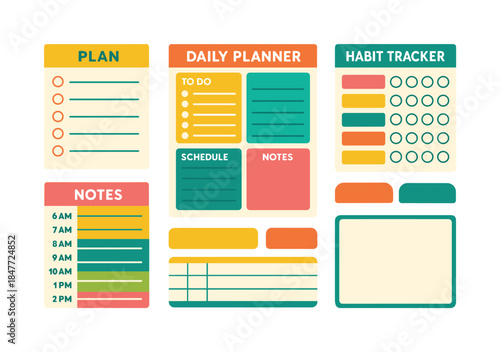 Stationery planner flat icon set. featuring plan, daily planner, habit tracker, notes, schedule, to-do lists